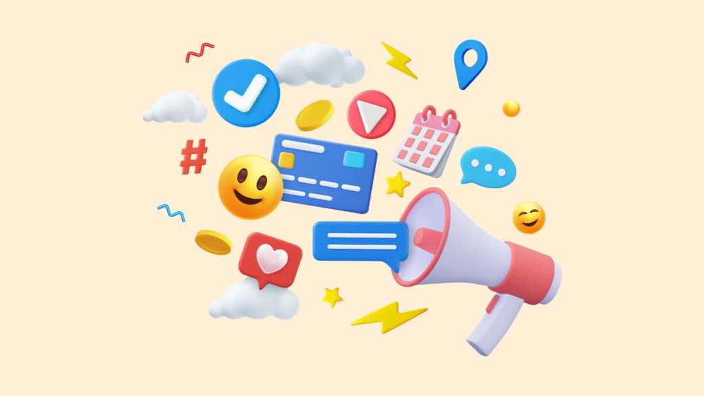 "Image displaying social media icons including likes, smiley face, share, and comment – representing online engagement and digital marketing"